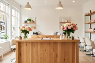 Accueil lumineux d'un institut de beauté avec comptoir en bois et fleurs