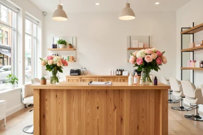Accueil lumineux d'un institut de beauté avec comptoir en bois et fleurs