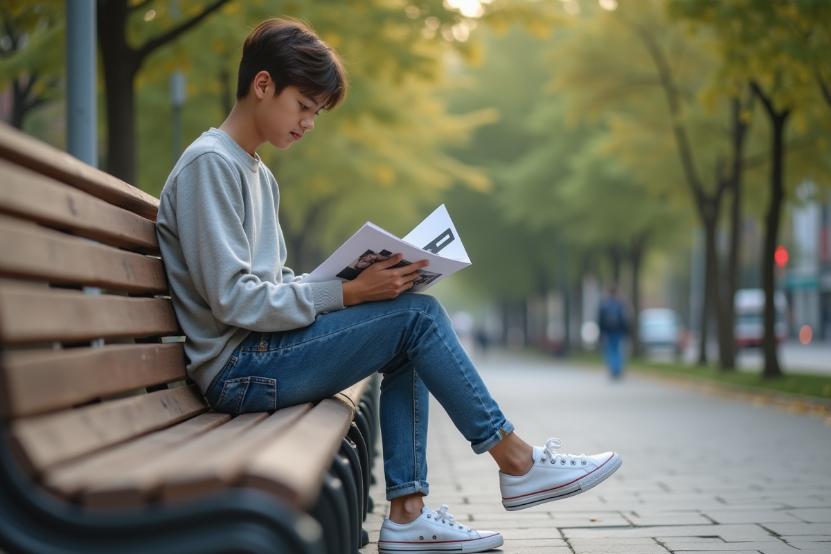 Adolescent regardant un portfolio dans un parc urbain