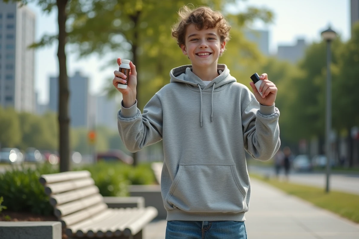 Adolescent dans un parc urbain montrant un spray
