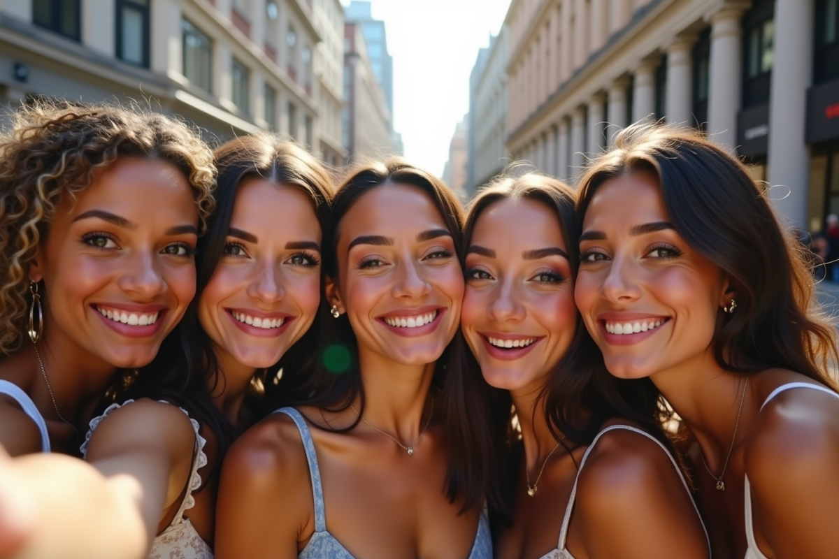 Groupe d amis prenant un selfie avec maquillage coloré en extérieur