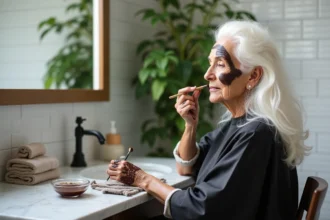 Femme mature aux cheveux blancs très épais appliquant du henné avec un pinceau devant un miroir de salle de bain