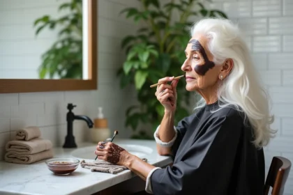 Femme mature aux cheveux blancs très épais appliquant du henné avec un pinceau devant un miroir de salle de bain