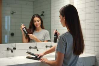 Femme appliquant un spray protecteur thermique sur ses cheveux bruns avant d'utiliser un lisseur dans une salle de bain moderne