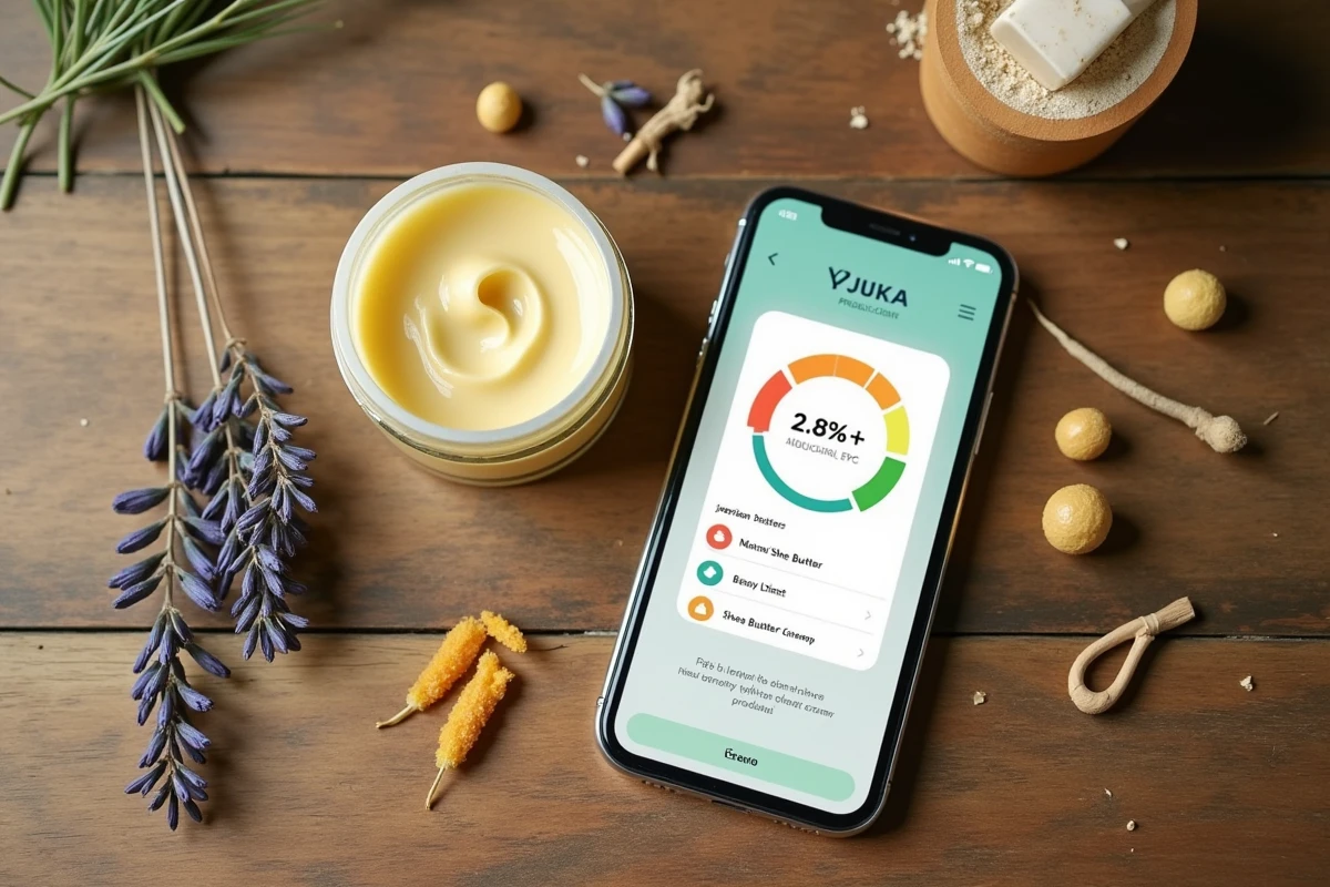 Application Yuka affichant un score sur smartphone à côté d'ingrédients naturels et d'une crème cosmétique artisanale