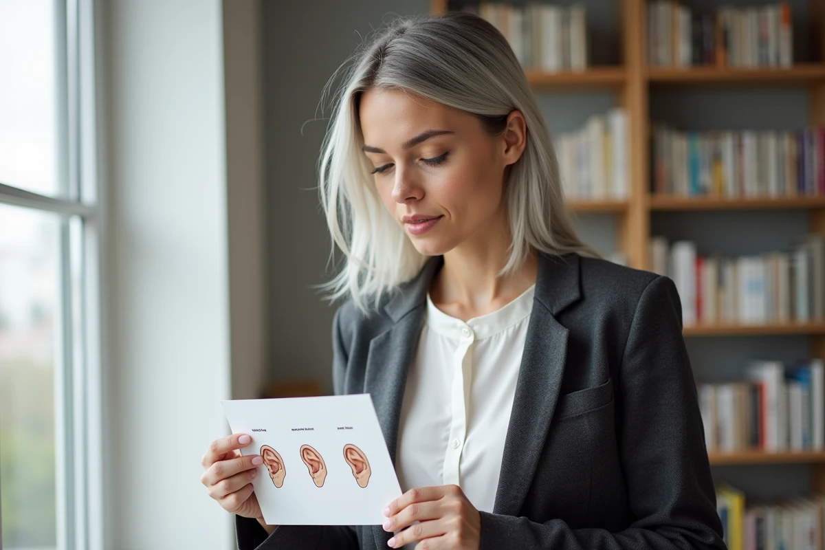 Femme tenant un schéma illustré des noms de piercings d'oreille dans un appartement scandinave, composition éditoriale réaliste et pédagogique