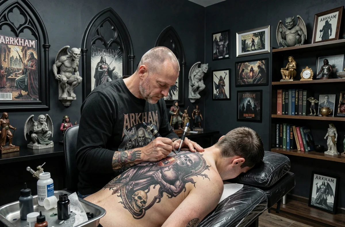 Tatoueur d'ARkHAM Tattoo France travaillant sur un tatouage dark fantasy dans un studio gothique à l'ambiance dramatique