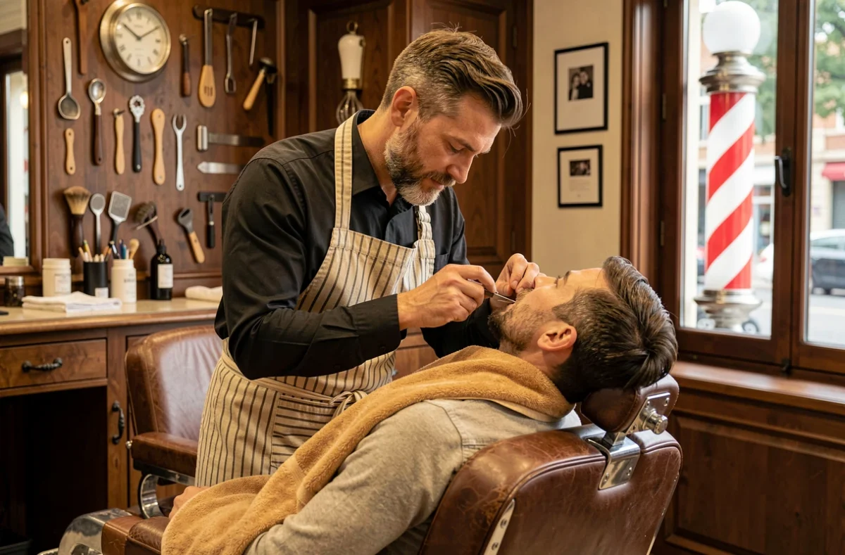 Barbier réalisant un rasage au coupe-chou dans le cadre élégant de L'Atelier du Barbier à Clermont-Ferrand