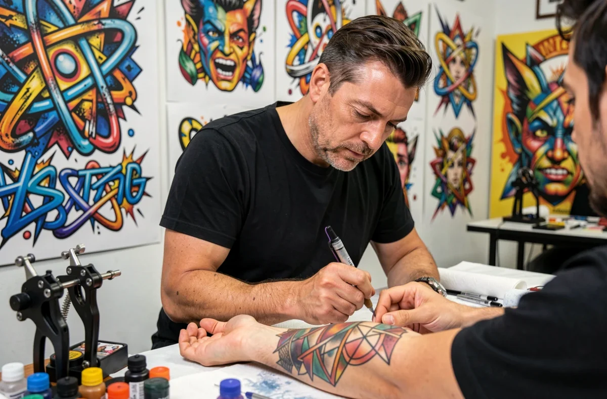 Tatoueur d'Atomik Tattoo appliquant un tatouage géométrique sur le bras d'un client dans son studio
