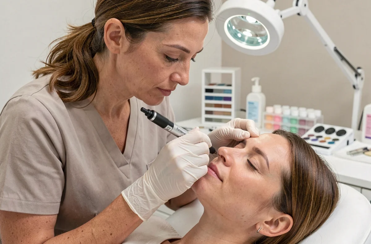 Esthéticienne spécialisée en dermographie réalisant un soin du regard sur une cliente dans le studio Aurea Dermographie à Roncq