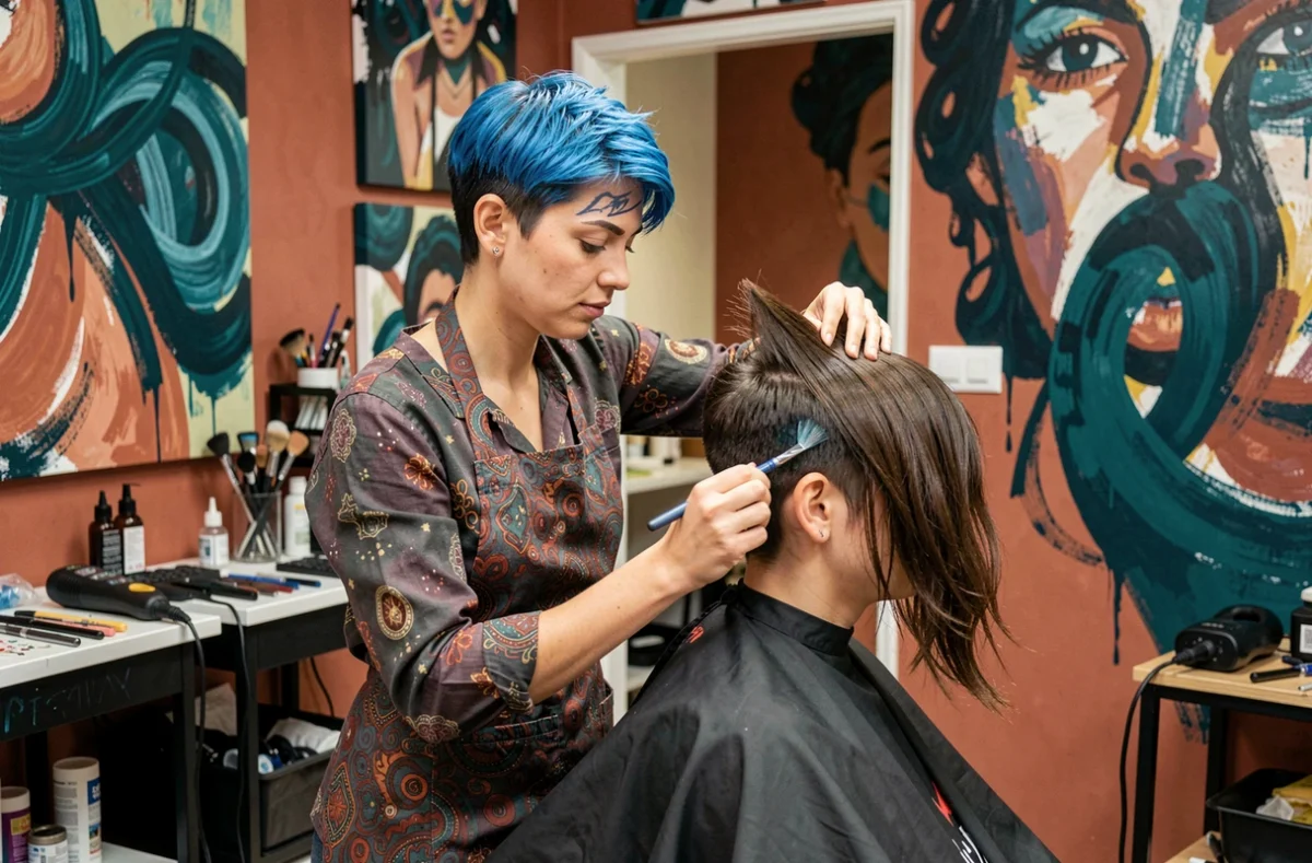 Coiffeuse créative travaillant sur une coupe artistique dans le salon L'Autoportrait aux murs décorés de fresques à Marseille