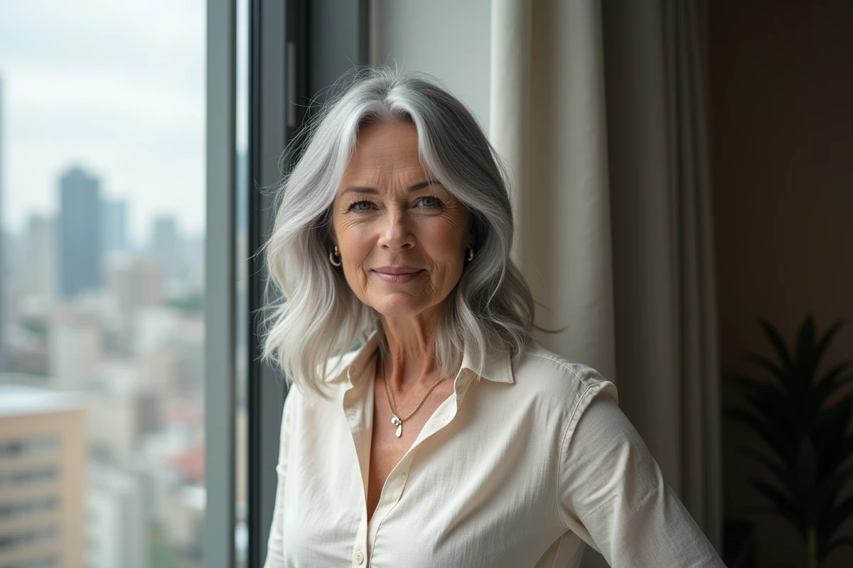 Femme avec balayage blended grey naturel aux reflets argentés près d'une fenêtre urbaine