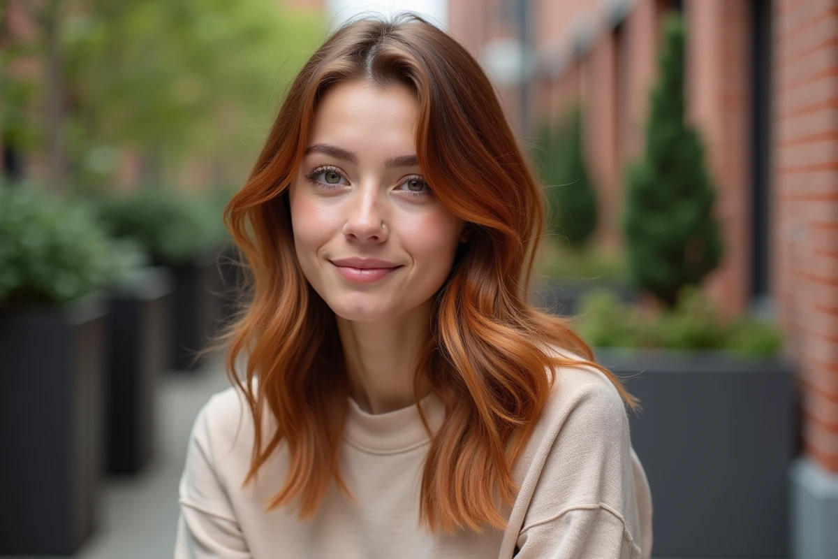 Femme aux cheveux balayage cuivré tendance 2026 avec reflets auburn dimensionnels