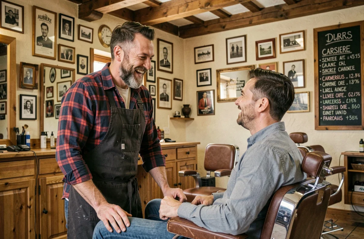 Barbier convivial échangeant chaleureusement avec un client dans l'atmosphère décontractée de La Barbe de Papa à Aubière