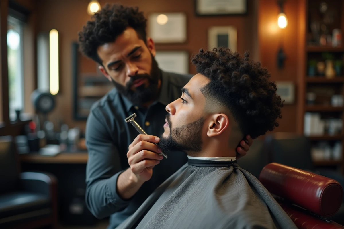 Barbier appliquant les finitions au rasoir sur un dégradé espagnol pour cheveux bouclés, gros plan sur la précision de la nuque