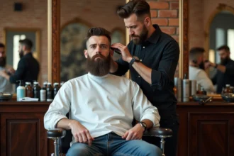 Homme barbu en salon de Lille en pleine coupe de barbe
