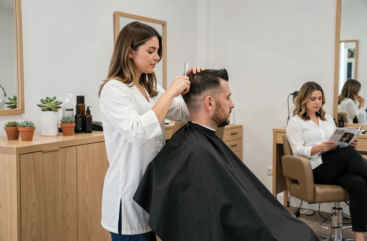 Salon mixte Basic by Mina dans le 7e arrondissement de Marseille avec coiffeuse travaillant simultanément sur des clients masculins et féminins