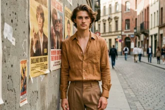 Jeune homme aux traits harmonieux habillé à la mode des années 70, posant devant des affiches vintage dans une rue pavée européenne