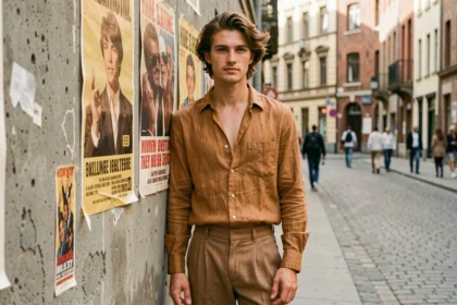 Jeune homme aux traits harmonieux habillé à la mode des années 70, posant devant des affiches vintage dans une rue pavée européenne