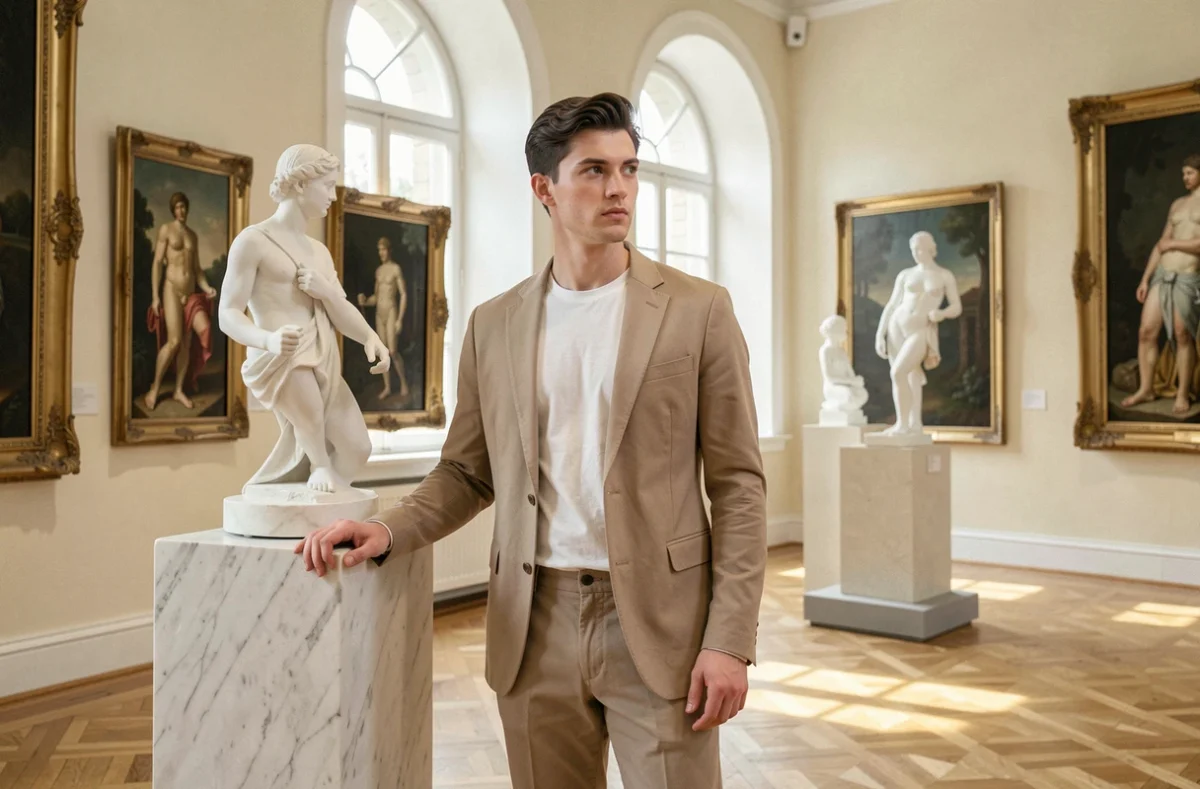 Jeune homme aux traits classiques dans un musée entouré d'œuvres d'art célébrant la beauté idéalisée, illustrant l'imaginaire collectif de la beauté masculine depuis les années 70