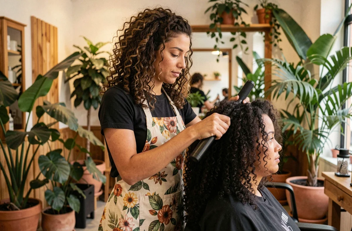 Spécialiste des cheveux bouclés travaillant sur la définition des boucles d'une cliente au salon La Belle Boucle Studio à Marseille