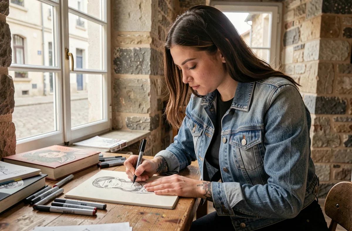 Tatoueuse de Bisou Tattoo Rennes dessinant un tatouage personnalisé dans son studio avec murs en pierre apparente