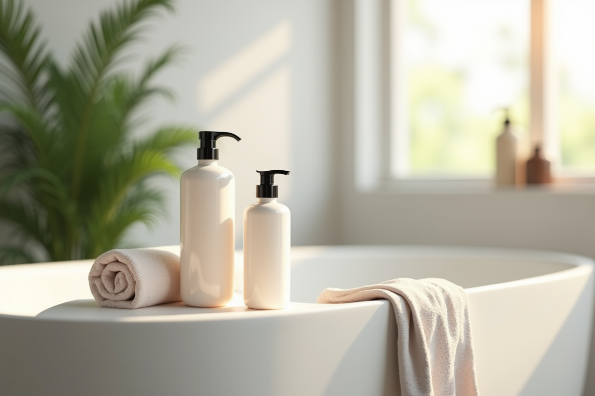Bouteilles de shampoing et conditionneur avec serviette dans une salle de bain minimaliste