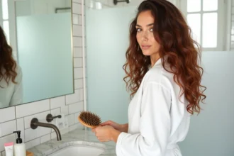 Jeune femme brossant ses cheveux ondulés avec une brosse à poils naturels dans une salle de bain moderne, entourée de produits coiffants