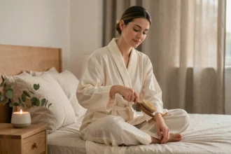Femme en robe de chambre ivoire utilisant une brosse massante en bois sur son bras dans une chambre minimaliste au soir, rituel anti-stress détente