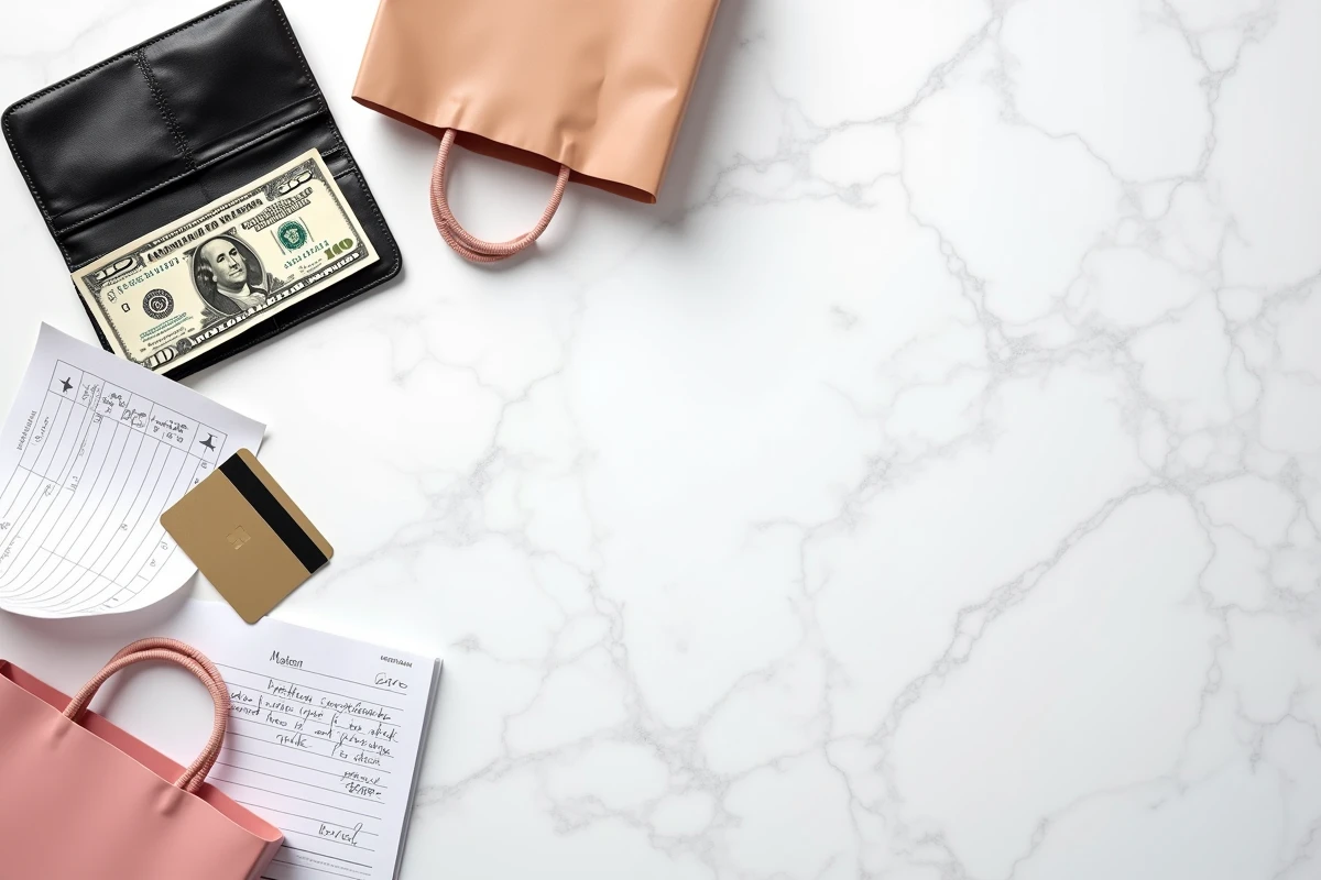 Vue aérienne d'un budget voyage avec dollars, carte de crédit, liste de courses et sacs Ulta Beauty sur marbre blanc