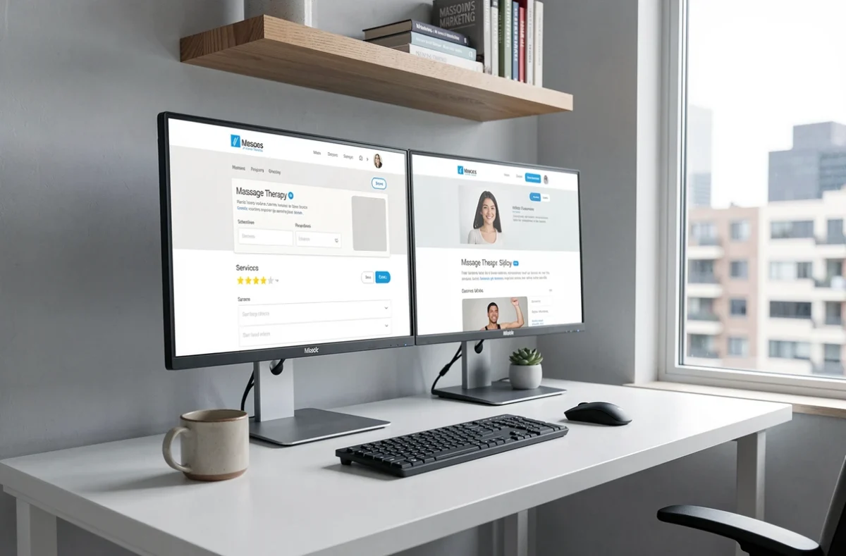 Bureau home office avec deux écrans affichant une annonce de massage en ligne en cours de création, illustrant les bonnes pratiques de rédaction pour thérapeutes