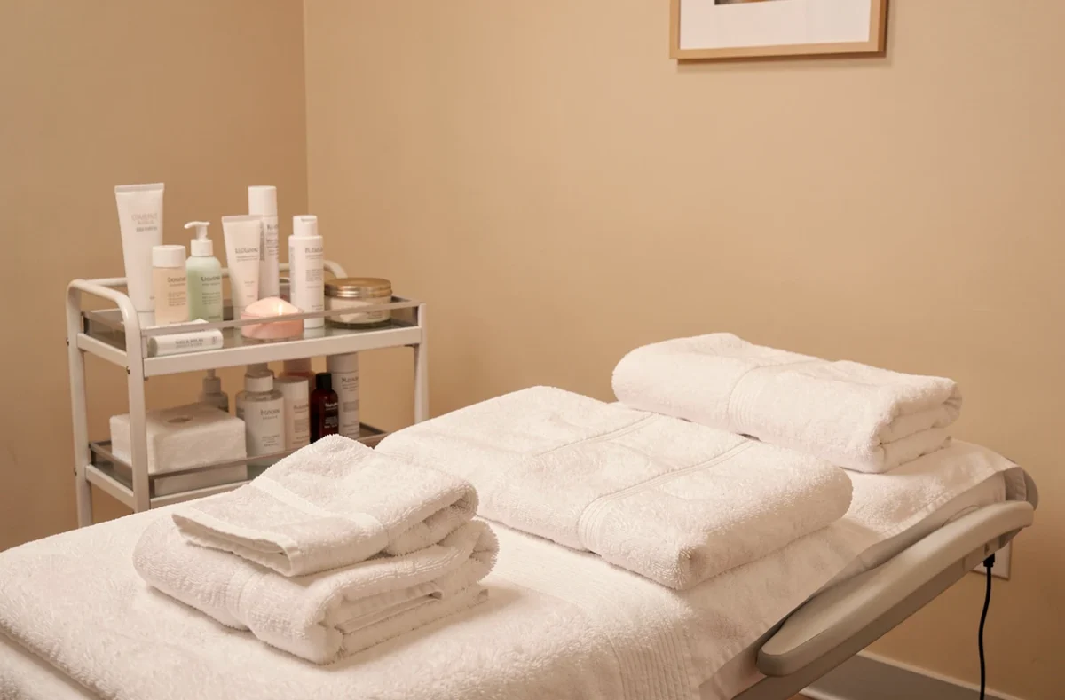 Cabine de soin du visage d'un institut de beauté avec linge propre