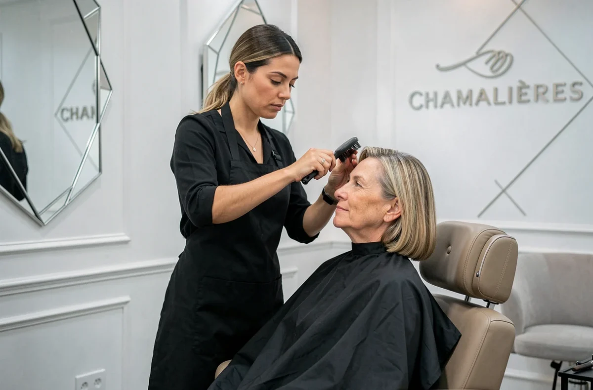 Coiffeuse réalisant une consultation visagisme pour une cliente dans le salon Camille Albane à Chamalières