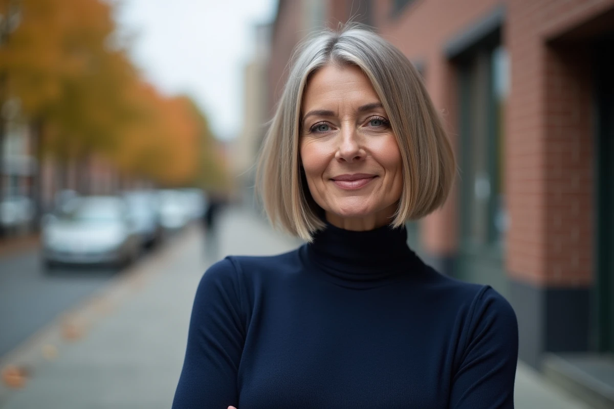 Femme mature avec un carré court lisse sur cheveux fins et raides en plein air en automne