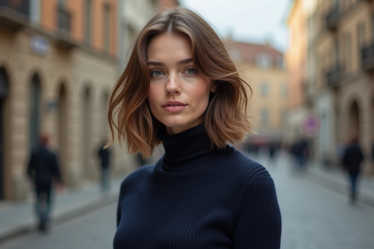 Jeune femme arborant un carré dégradé wavy coiffé-décoiffé en extérieur sur pavés européens