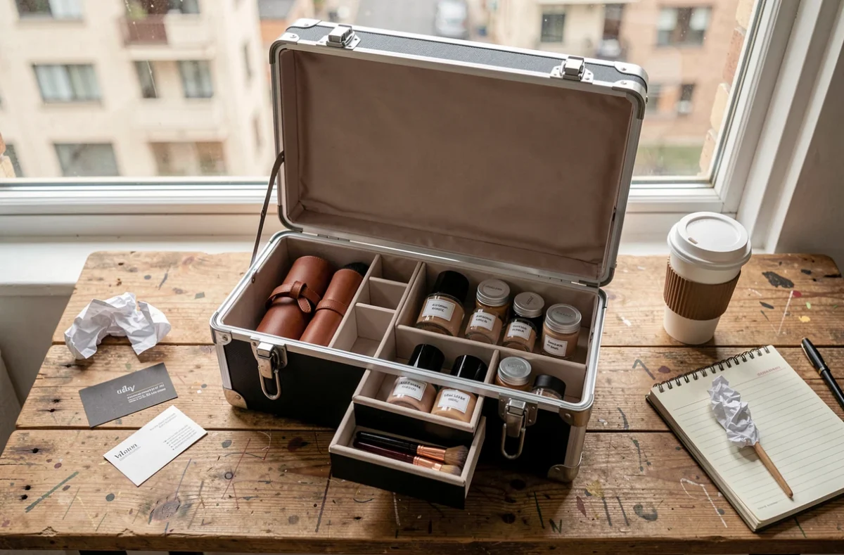 Flat-lay d'une case vanity professionnelle ouverte sur une table en bois avec trousses de pinceaux, fonds de teint et accessoires de maquillage nomade