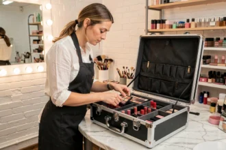 Maquilleuse professionnelle organisant ses produits dans une case vanity professionnelle ouverte sur un comptoir en marbre dans un studio de maquillage