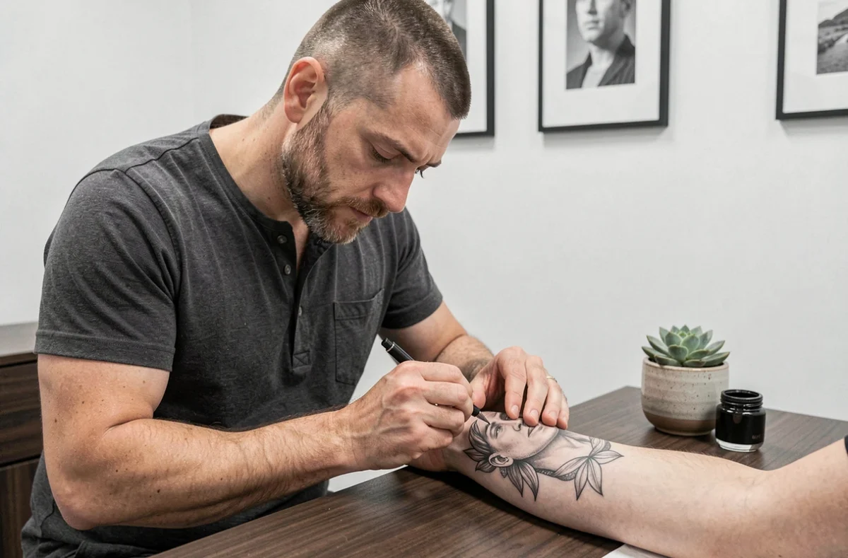 Tatoueur Cha Noar réalisant un tatouage illustratif en noir et gris sur un avant-bras dans un studio épuré et élégant