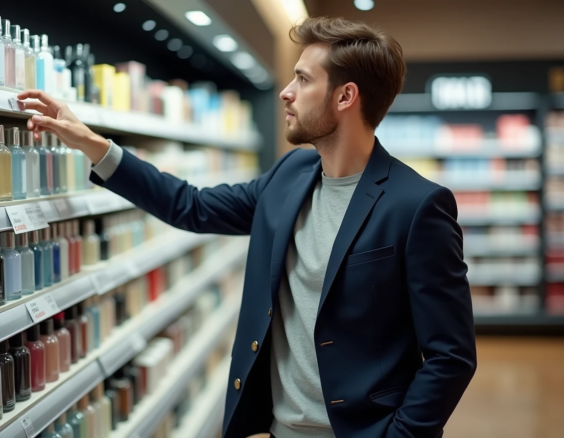 Homme en veste bleue choisissant un parfum pas cher en rayon de supermarché discount, illustration des alternatives économiques aux parfums de luxe