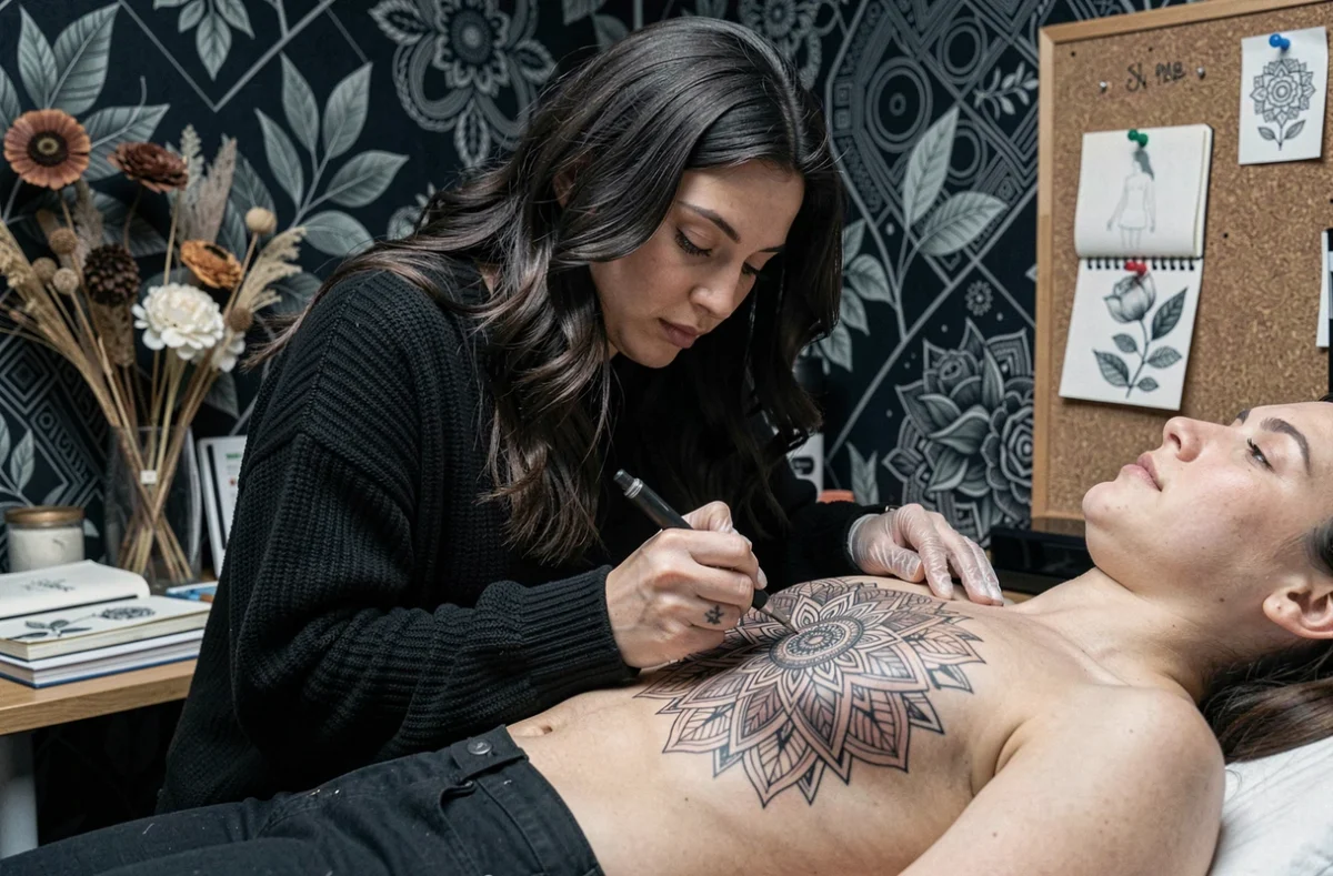 Tatoueuse Clem Intenebris réalisant un tatouage mandala blackwork détaillé dans un studio à l'atmosphère botanique sombre