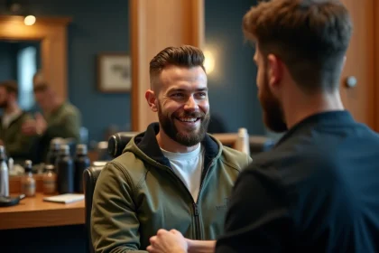 Homme souriant dans un salon de coiffure moderne