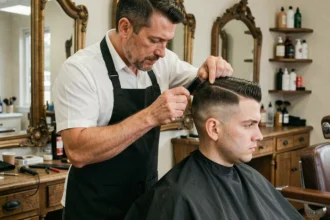 Coiffeur barbier réalisant un dégradé raie sur le côté sur un client en salon de coiffure traditionnel