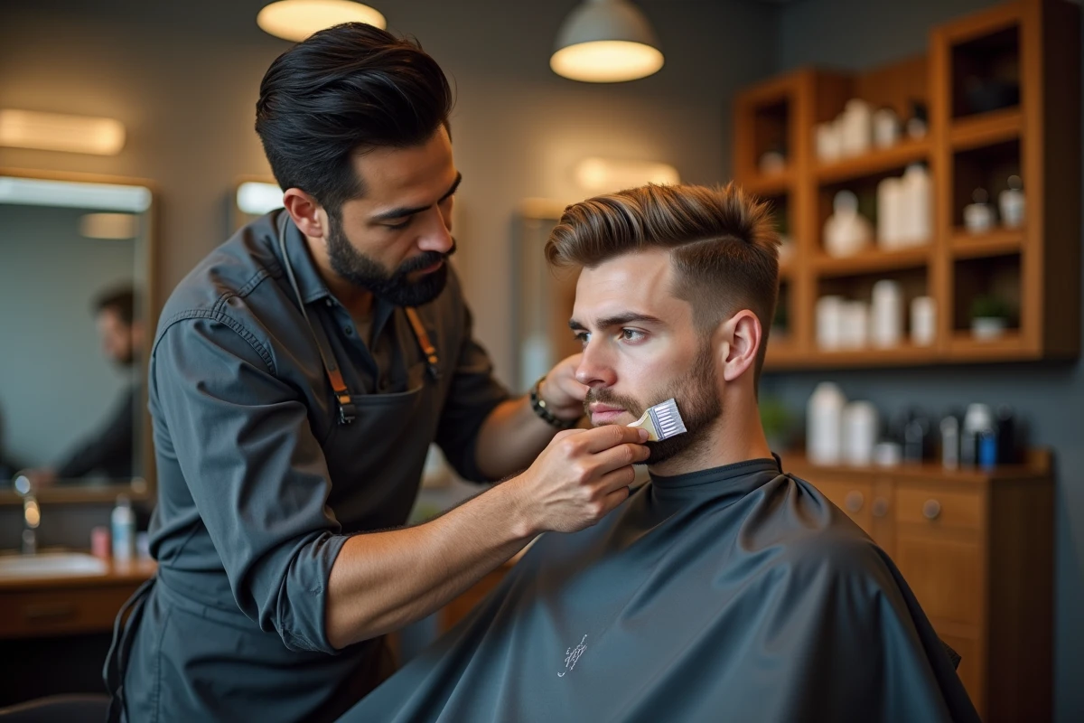 Coiffeur professionnel appliquant un soin correcteur sur une mèche blonde ratée d'un client homme dans un salon moderne