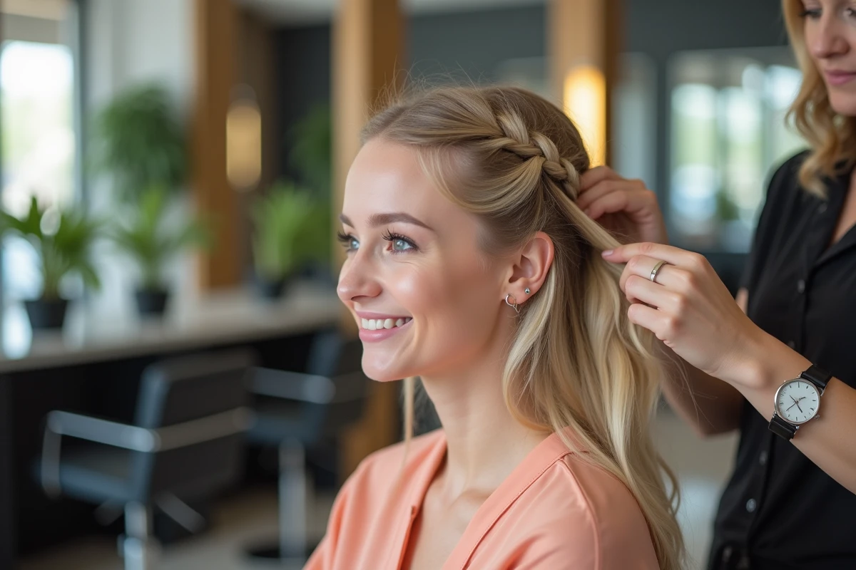 Coiffeuse montrant une technique de tresse à une cliente souriante