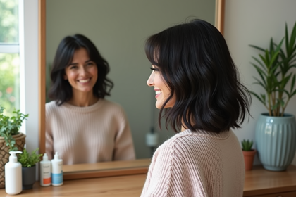 Femme souriante dans un salon maison en train de regarder sa coupe