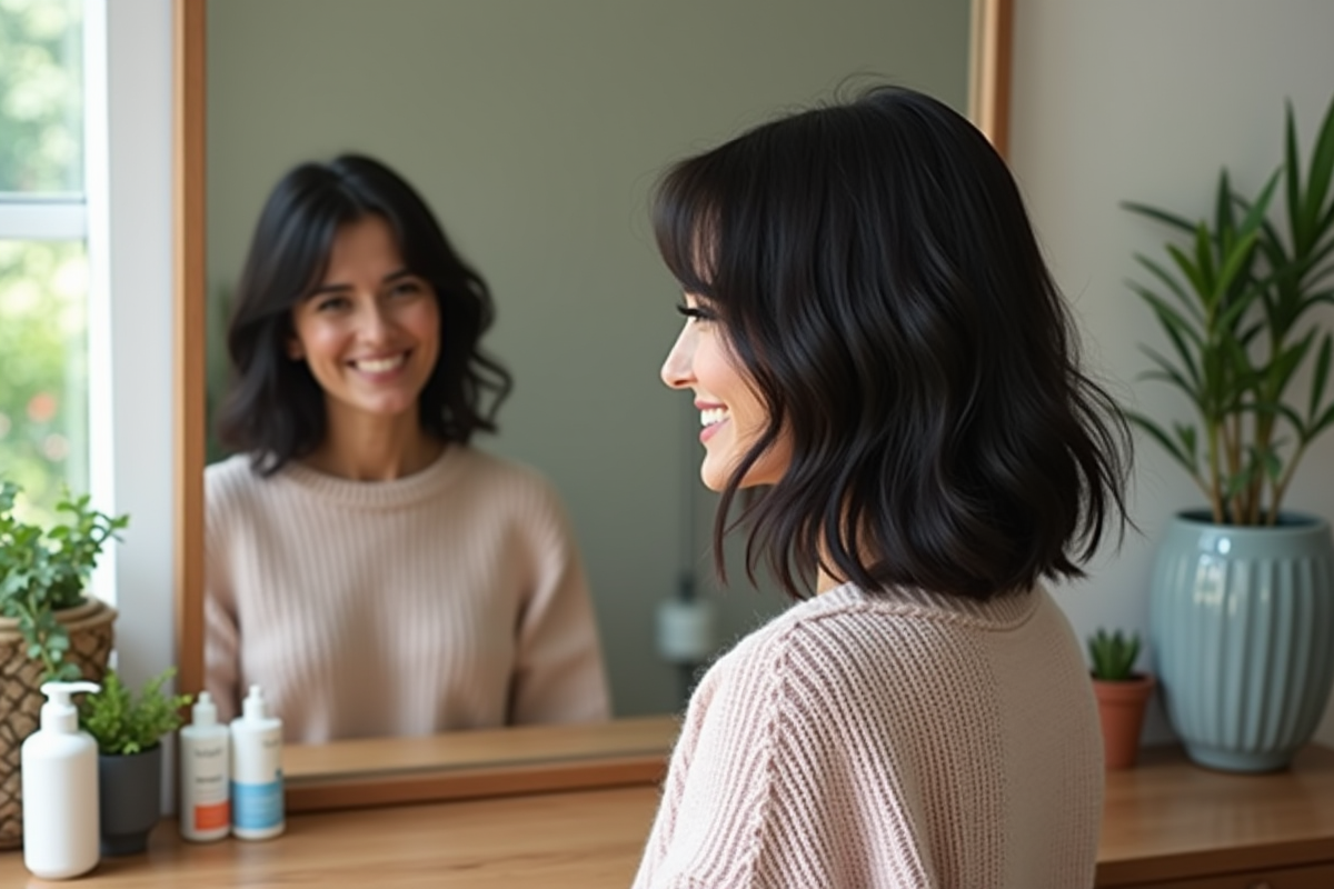 Femme souriante dans un salon maison en train de regarder sa coupe