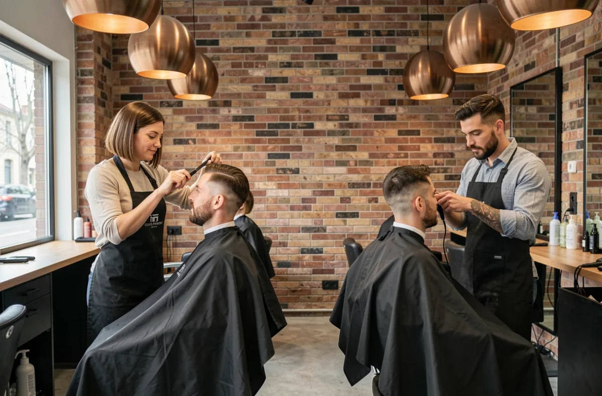 Coupe femme et coupe homme réalisées simultanément dans le salon Les Coiffeurs au Carré à Clermont-Ferrand