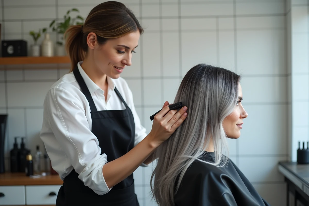 Coiffeuse appliquant un toner pour réaliser un blended grey sans ligne de démarcation sur une cliente