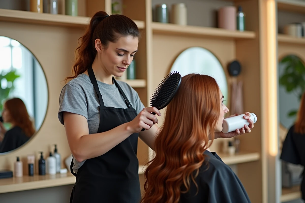 Coiffeuse professionnelle appliquant une mousse coiffante sur des cheveux ondulés avec une brosse démêlante dans un salon moderne