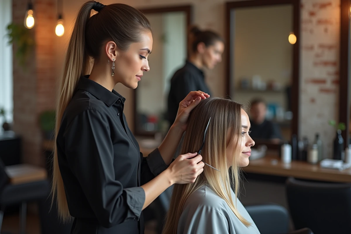 Coiffeuse réalisant un dégradé de longueur sur cheveux fins en salon professionnel